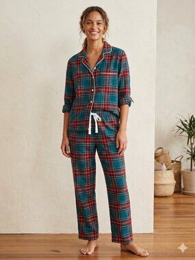 J. Crew Large Petite Plaid Flannel Pajama Set Green Red Tartan Cotton 2 Pc